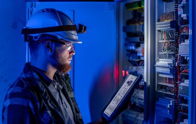 Electrician focused on work in switchboard with fuses, using tablet. Young adult electrical engineer in special clothes with flashlight on helmet in dark room with emergency lights in background.